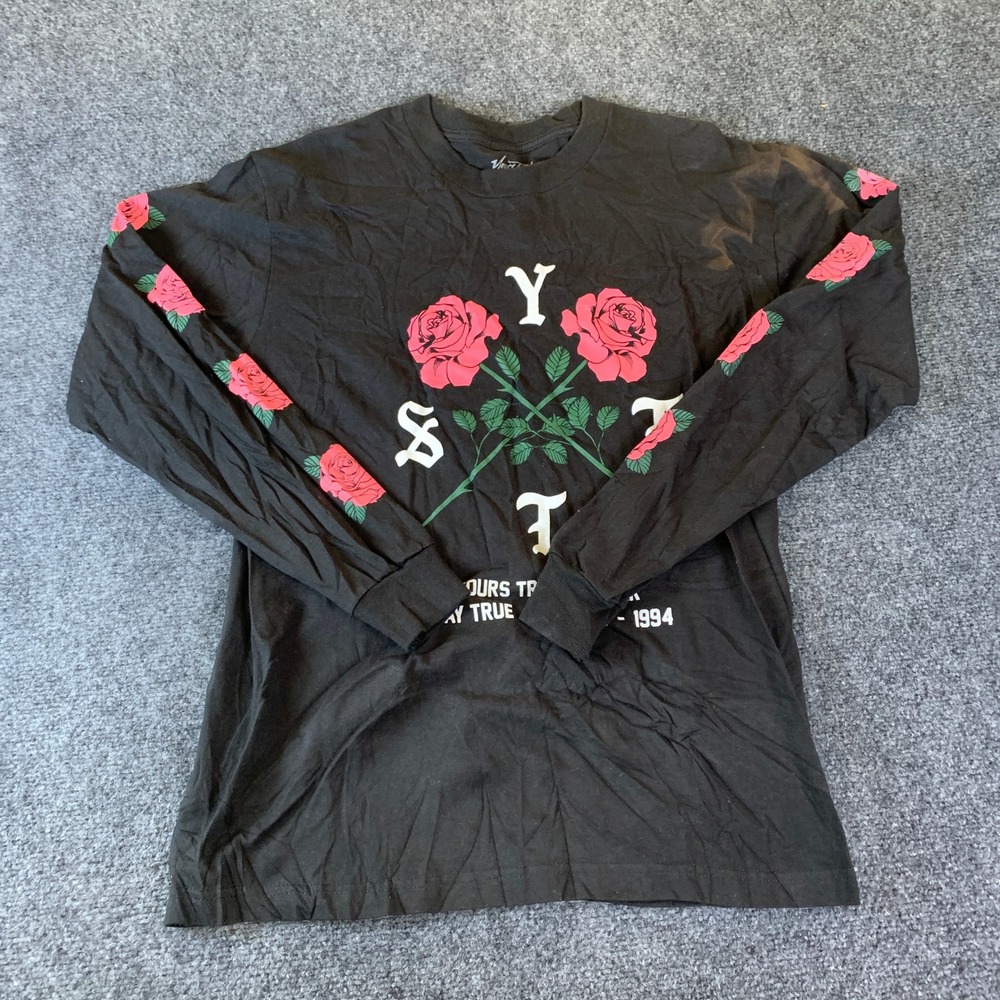 Yours Truly Graphic Tee Mens Medium Black Good Rose Old English Long Sleeve‎ USA